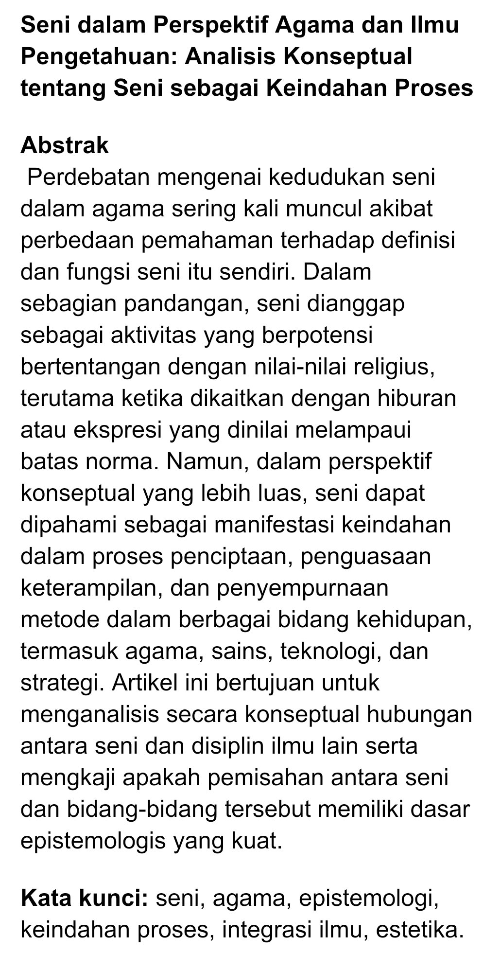 Seni dalam Perspektif Agama dan Ilmu Pengetahuan: Analisis Konseptual tentang Seni sebagai Keindahan Proses